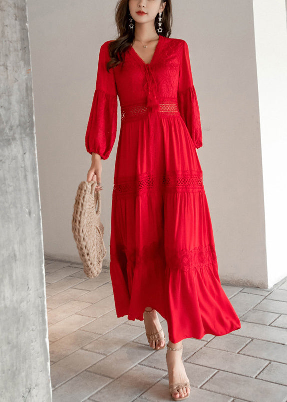 hollow out maxi dress Red Lace Up Hollow Out Maxi Dresses V Neck Fall – Omychic