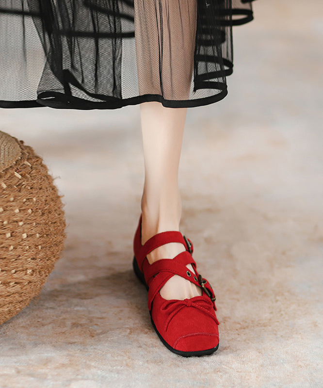 Red Suede Chic Cross Strap Splicing Flat Feet Shoes