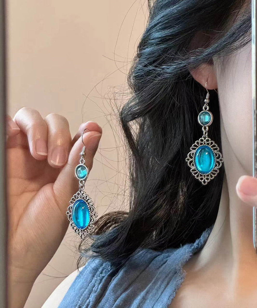 Retro Blue Sterling Silver Crystal Hollow Out Drop Earrings