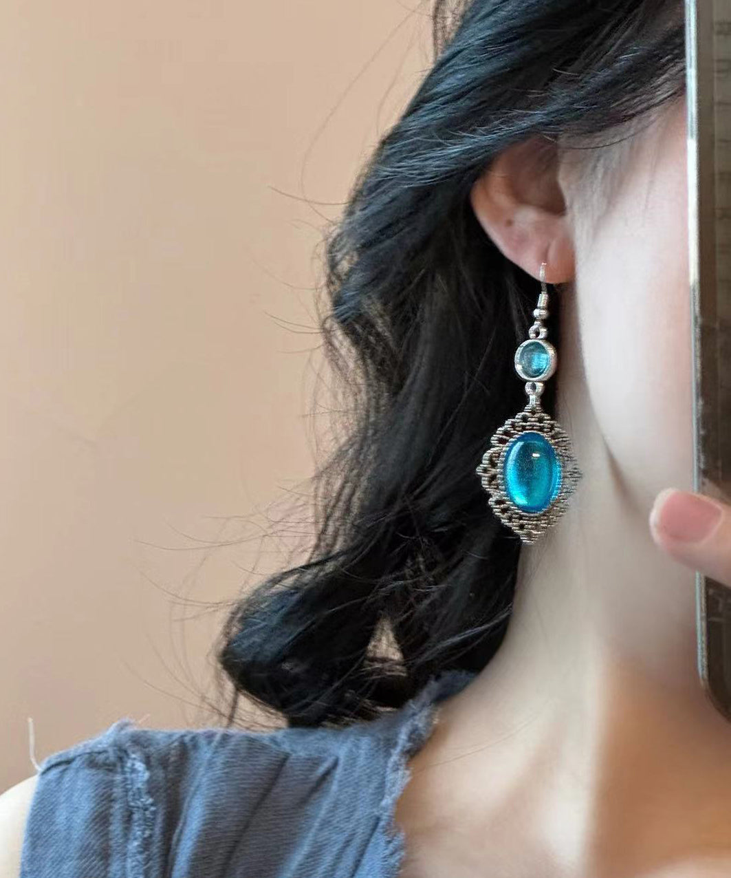 Retro Blue Sterling Silver Crystal Hollow Out Drop Earrings