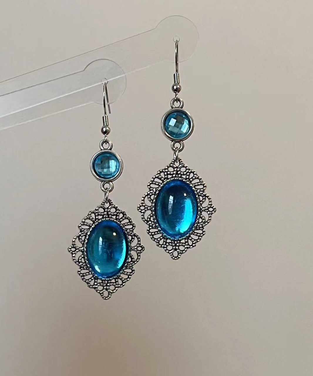 Retro Blue Sterling Silver Crystal Hollow Out Drop Earrings