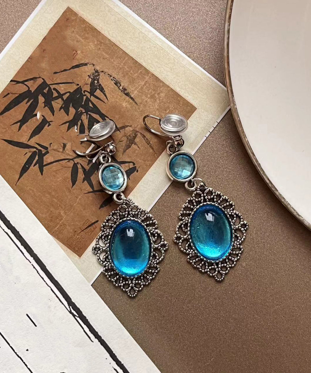 Retro Blue Sterling Silver Crystal Hollow Out Drop Earrings