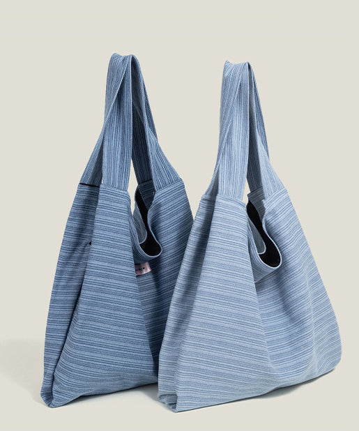 Retro Blue Striped Large Capacity Canvas Satchel Handbag