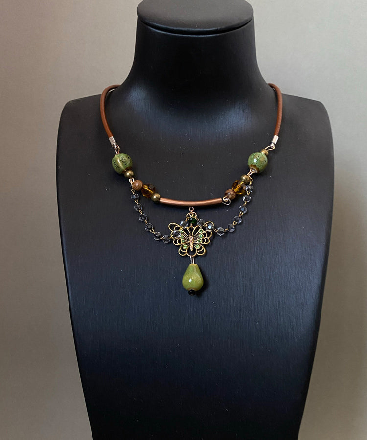 Retro Brown Alloy Butterfly Ceramic Beading Pendant Necklace
