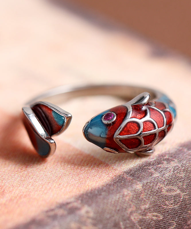 Retro Colorblock Open Sterling Silver Cloisonne Brocaded Carp Rings