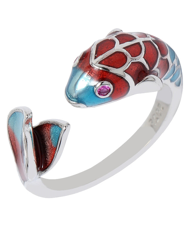 Retro Colorblock Open Sterling Silver Cloisonne Brocaded Carp Rings