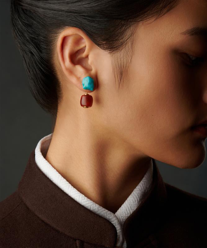 Retro Colorblock Sterling Silver Overgild Turquoise Agate Drop Earrings