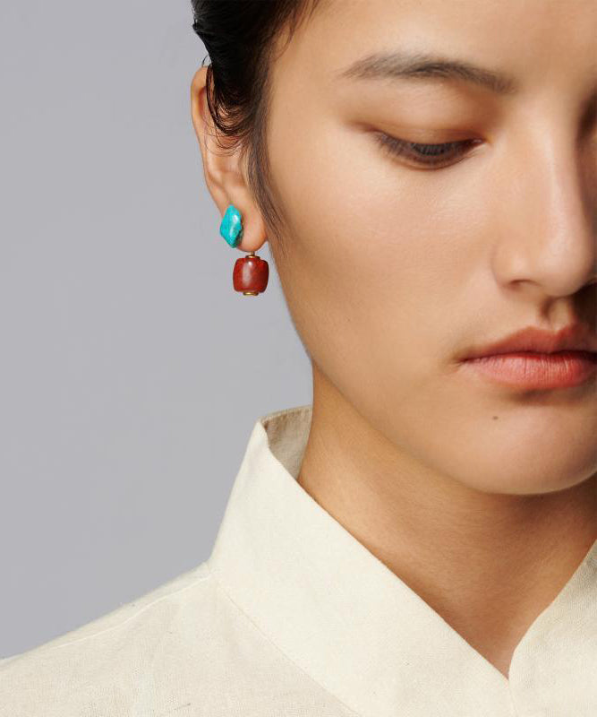 Retro Colorblock Sterling Silver Overgild Turquoise Agate Drop Earrings