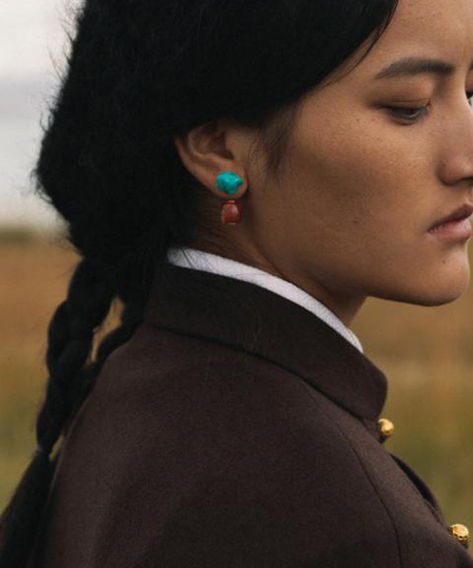 Retro Colorblock Sterling Silver Overgild Turquoise Agate Drop Earrings