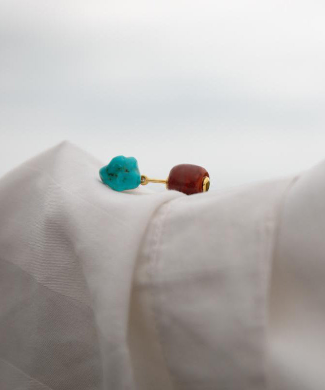 Retro Colorblock Sterling Silver Overgild Turquoise Agate Drop Earrings