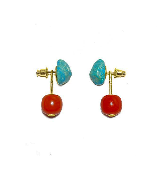 Retro Colorblock Sterling Silver Overgild Turquoise Agate Drop Earrings