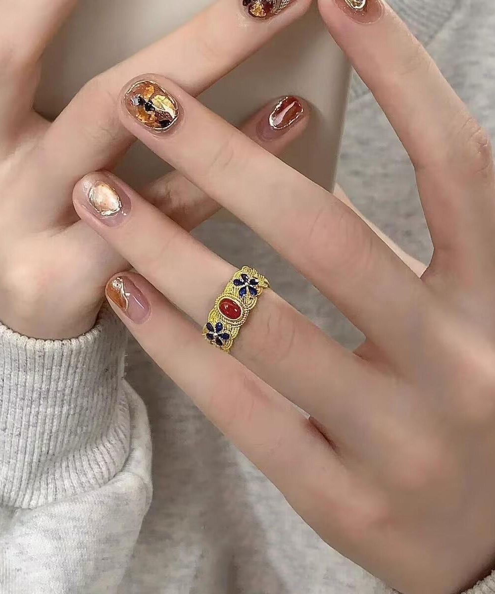 Retro Copper Overgild Enamel Agate Ring