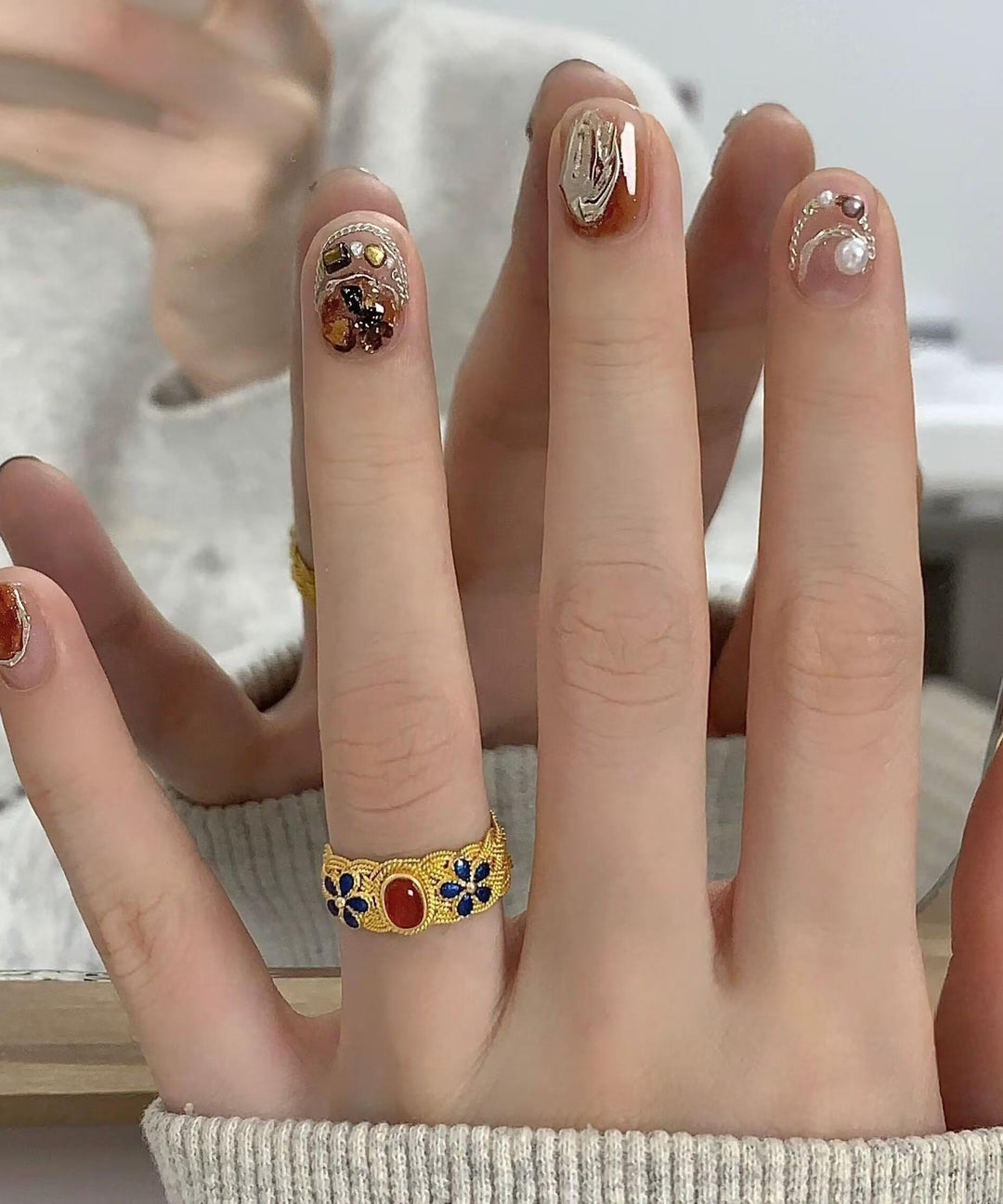 Retro Copper Overgild Enamel Agate Ring