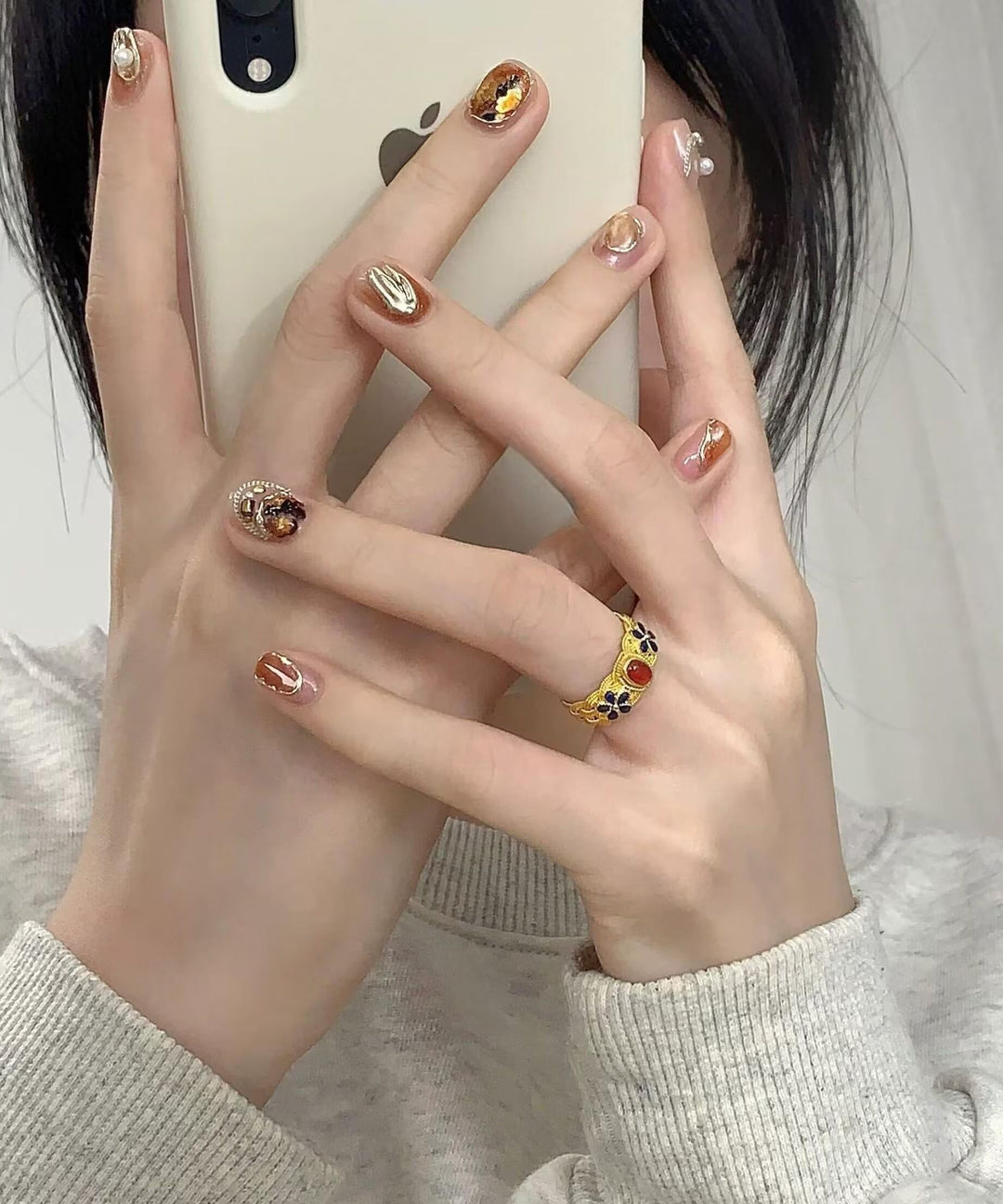 Retro Copper Overgild Enamel Agate Ring