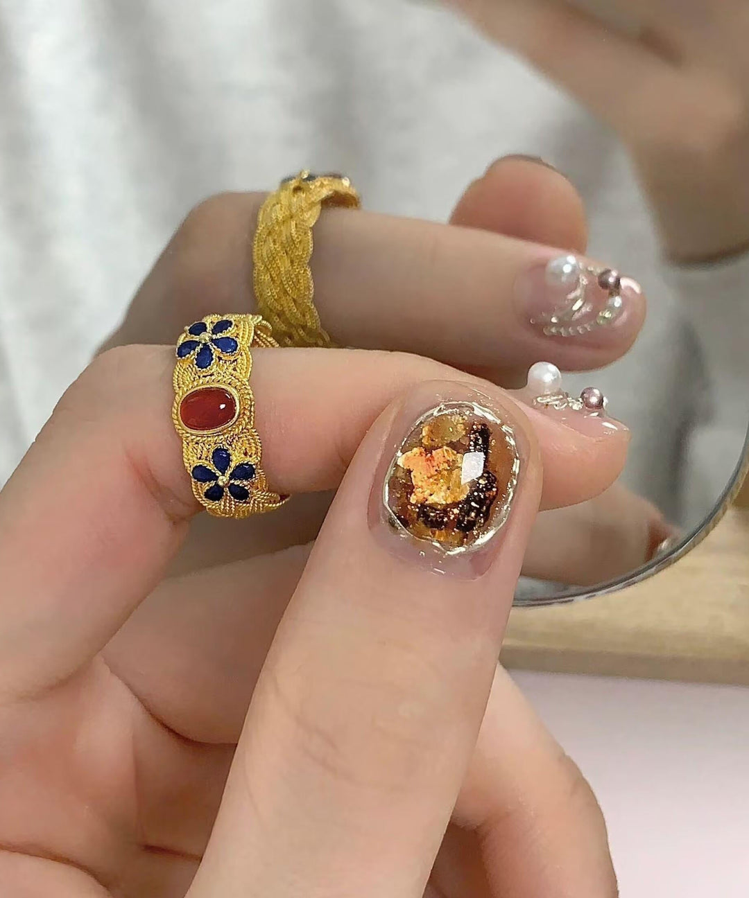 Retro Copper Overgild Enamel Agate Ring