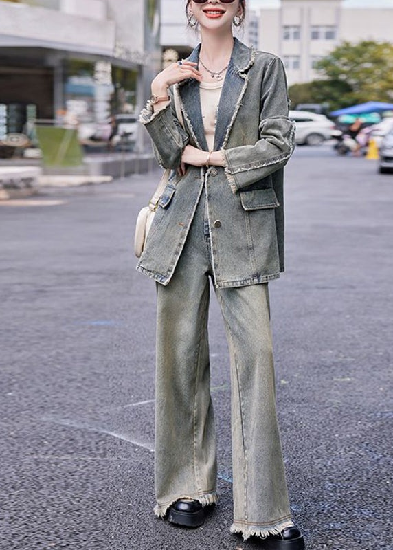 Retro Denim Blue Notched Patchwork Coats And Wide Leg Pants Two Pieces Set Fall