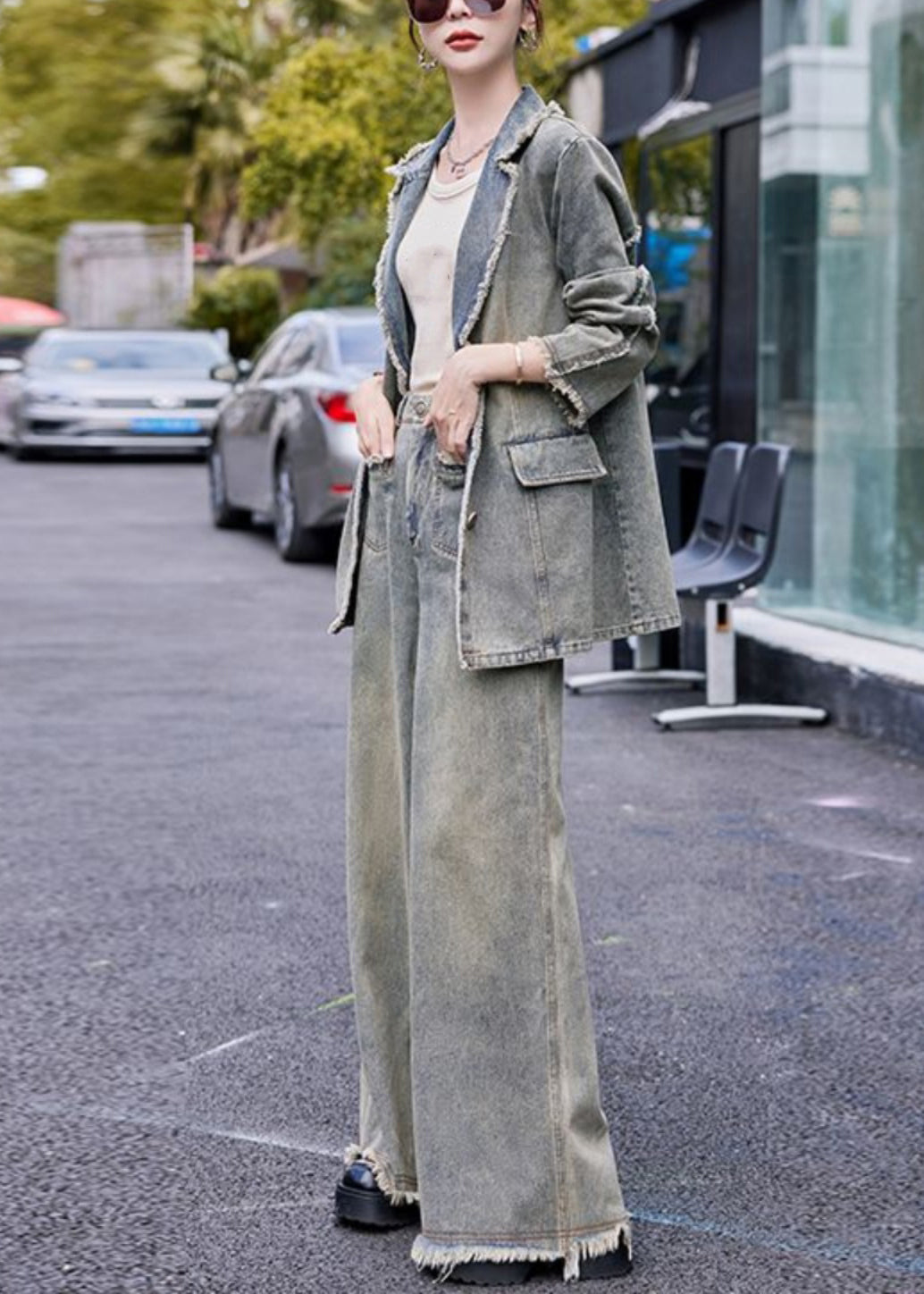 Retro Denim Blue Notched Patchwork Coats And Wide Leg Pants Two Pieces Set Fall