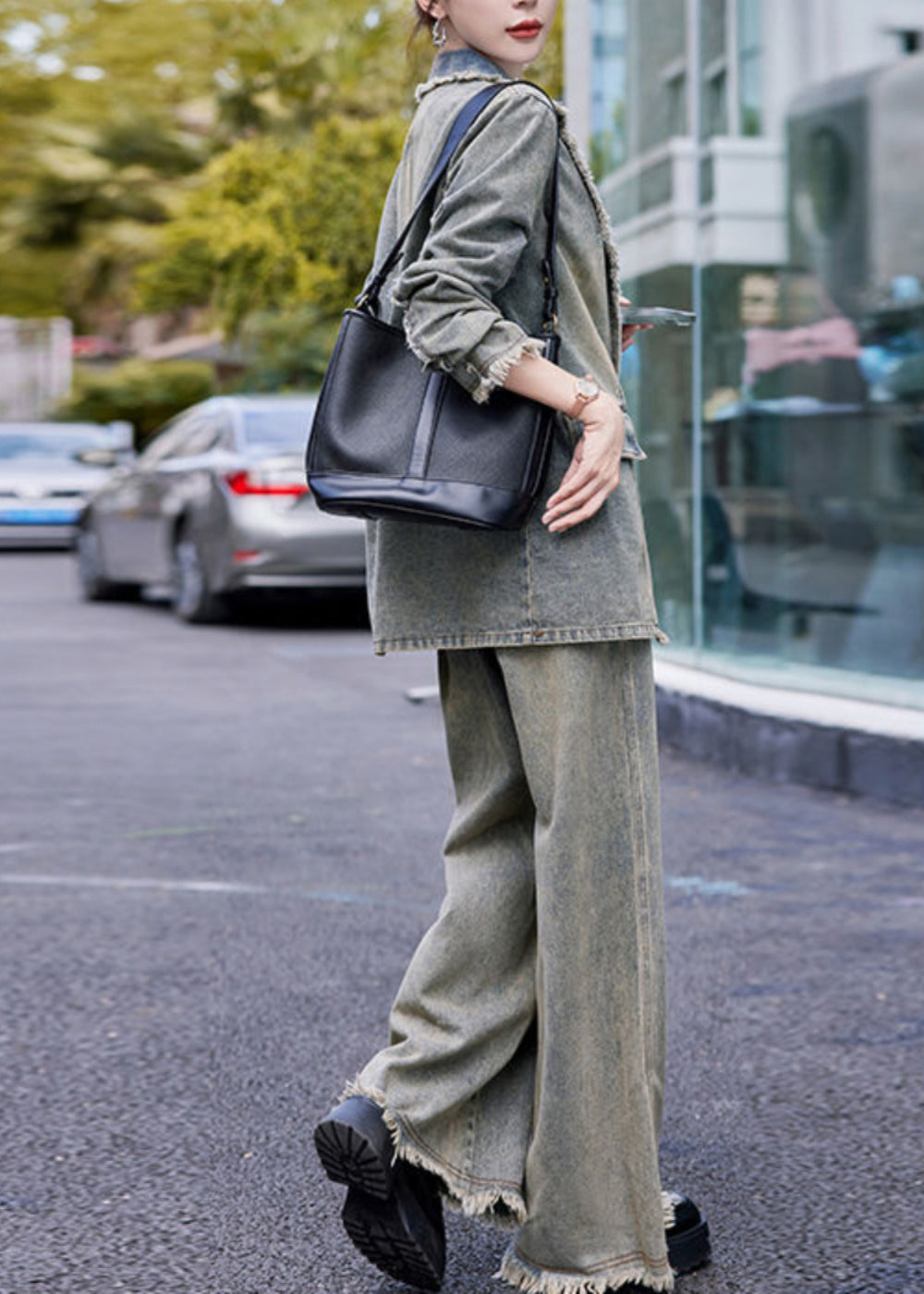 Retro Denim Blue Notched Patchwork Coats And Wide Leg Pants Two Pieces Set Fall