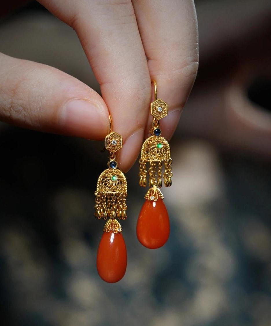 Retro Gold Sterling Silver Overgild Agate Water Droplet Drop Earrings