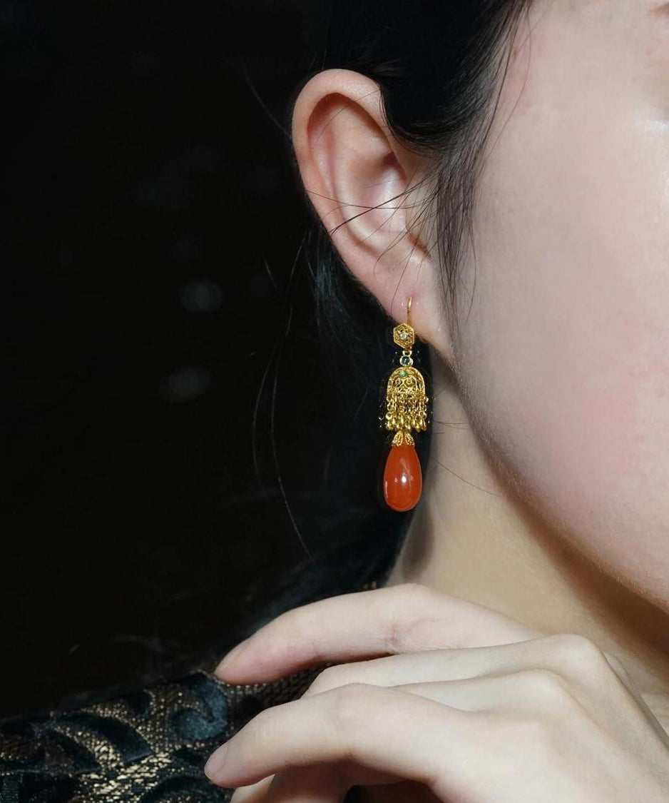 Retro Gold Sterling Silver Overgild Agate Water Droplet Drop Earrings