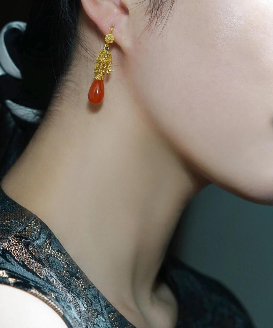 Retro Gold Sterling Silver Overgild Agate Water Droplet Drop Earrings