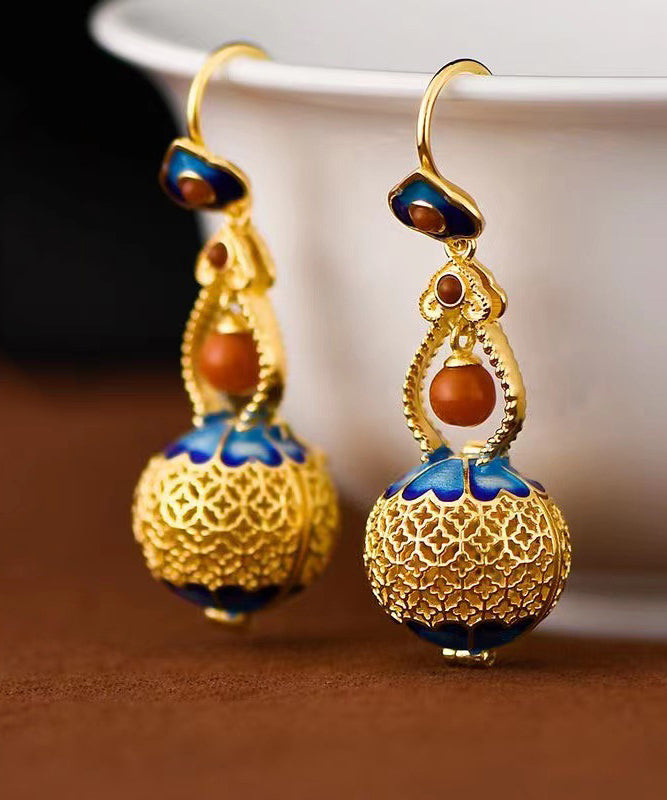 Retro Gold Sterling Silver Overgild Gourd Drop Earrings