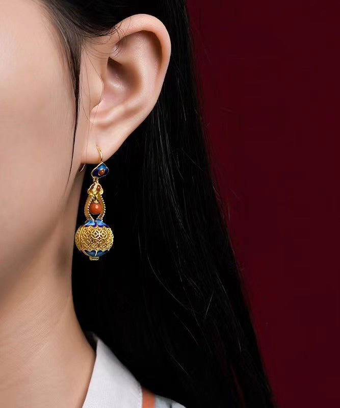 Retro Gold Sterling Silver Overgild Gourd Drop Earrings