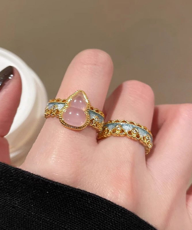 Retro Gold Sterling Silver Overgild Lace Gourds Open Rings Two-Piece Set