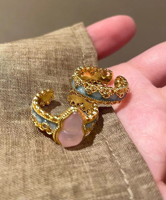 Retro Gold Sterling Silver Overgild Lace Gourds Open Rings Two-Piece Set