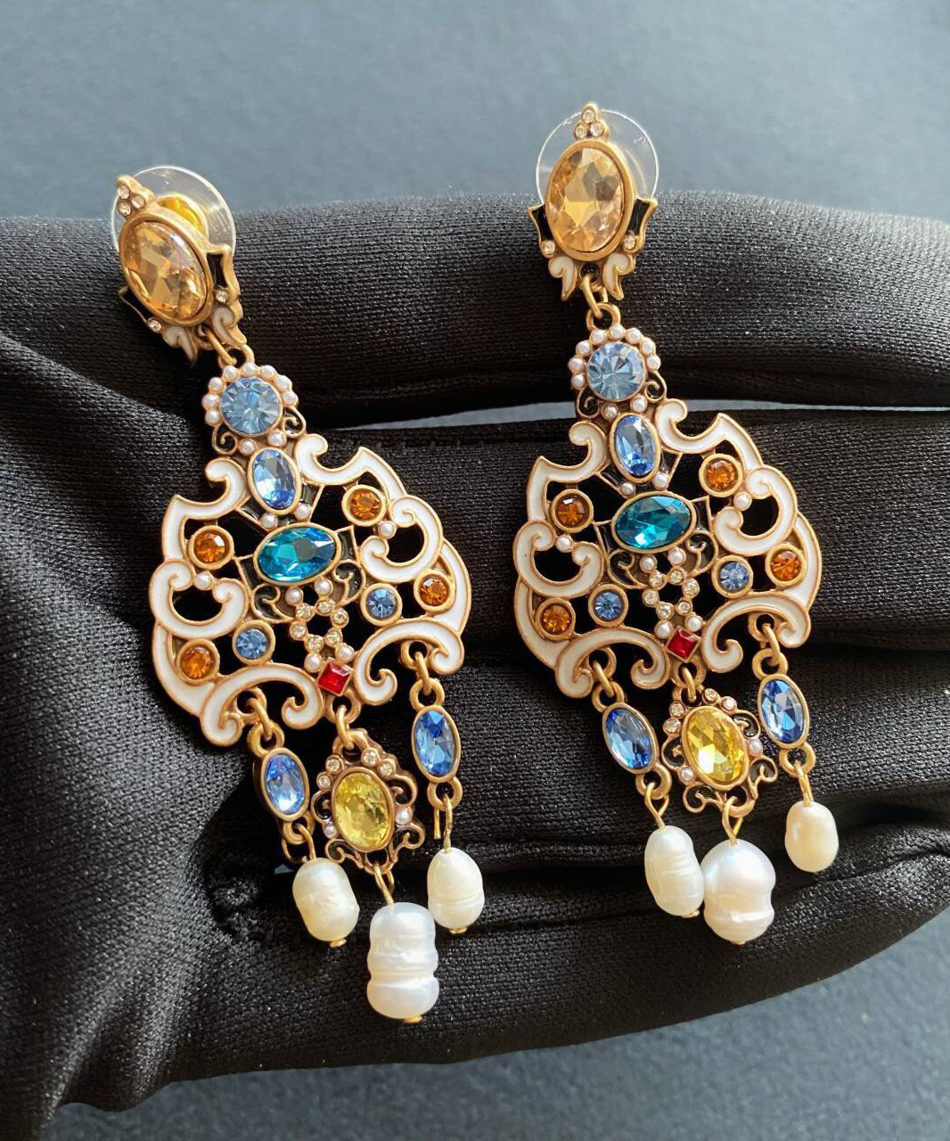 Retro Gold Sterling Silver Overgild Pearl Enamel Tassel Drop Earrings