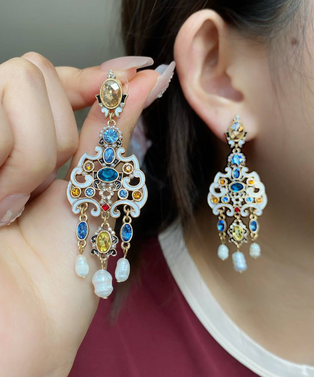 Retro Gold Sterling Silver Overgild Pearl Enamel Tassel Drop Earrings