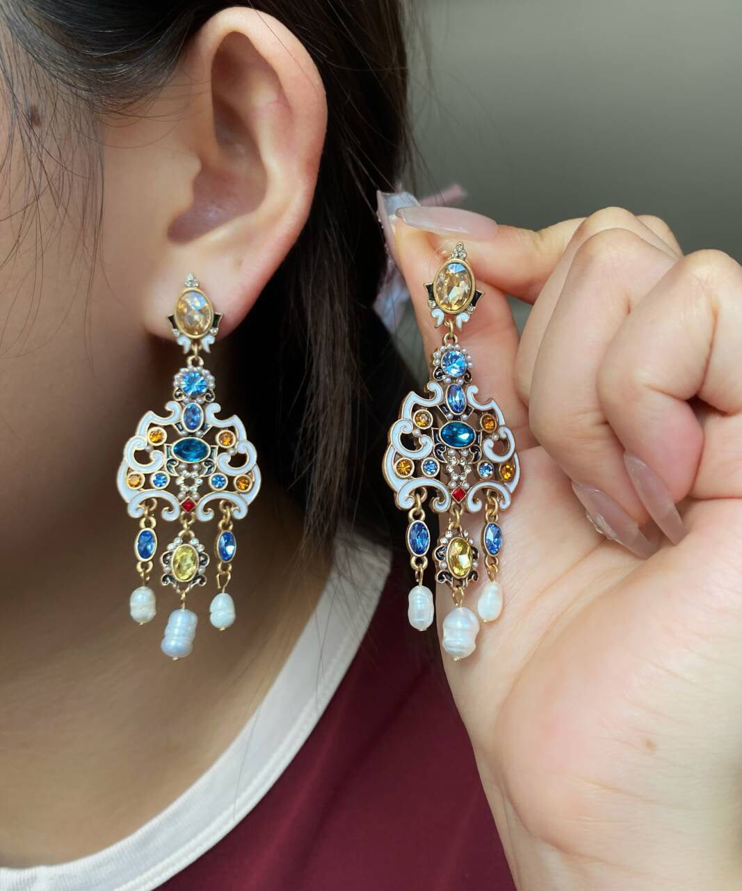 Retro Gold Sterling Silver Overgild Pearl Enamel Tassel Drop Earrings