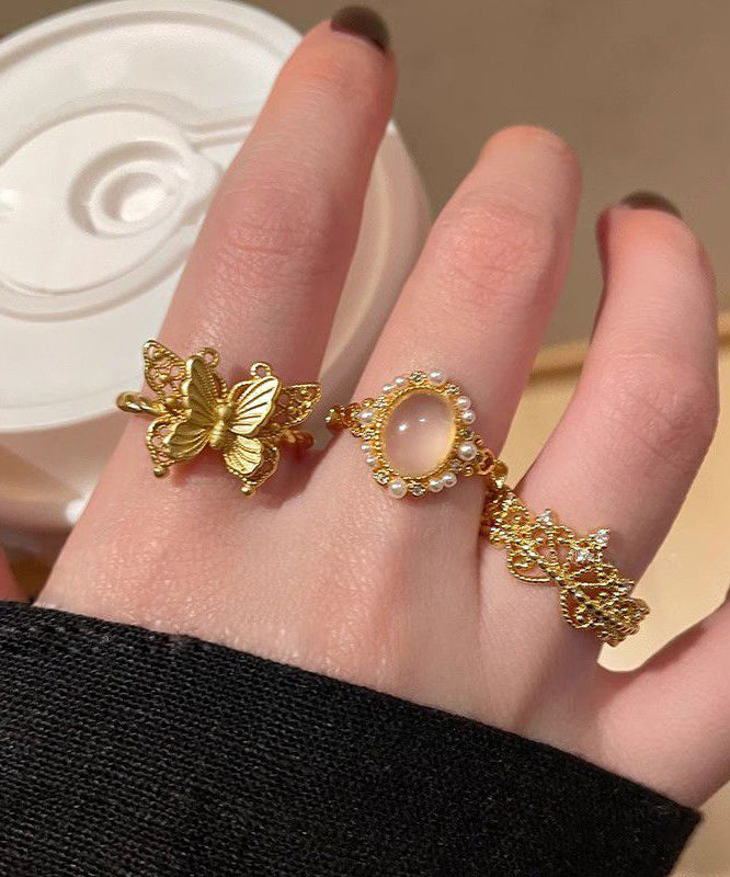 Retro Gold Sterling Silver Overgild Zircon Butterfly Hollow Out Rings Three Piece Set