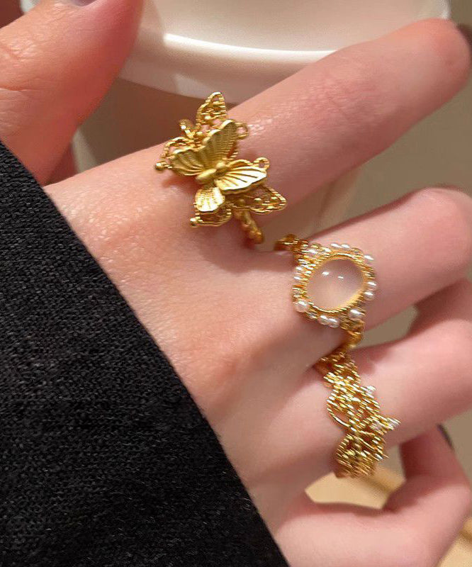 Retro Gold Sterling Silver Overgild Zircon Butterfly Hollow Out Rings Three Piece Set