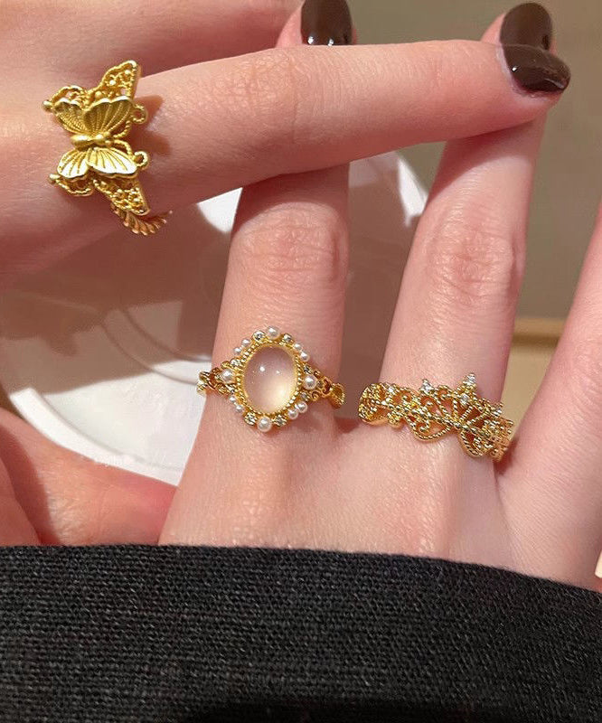 Retro Gold Sterling Silver Overgild Zircon Butterfly Hollow Out Rings Three Piece Set