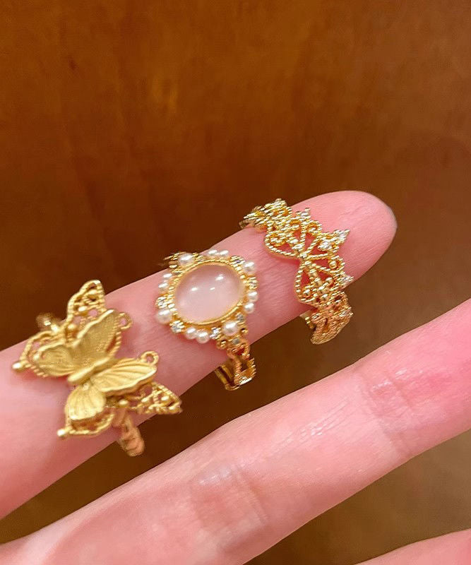 Retro Gold Sterling Silver Overgild Zircon Butterfly Hollow Out Rings Three Piece Set