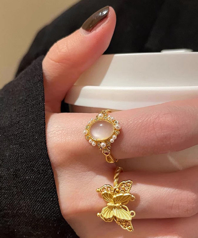 Retro Gold Sterling Silver Overgild Zircon Butterfly Hollow Out Rings Three Piece Set