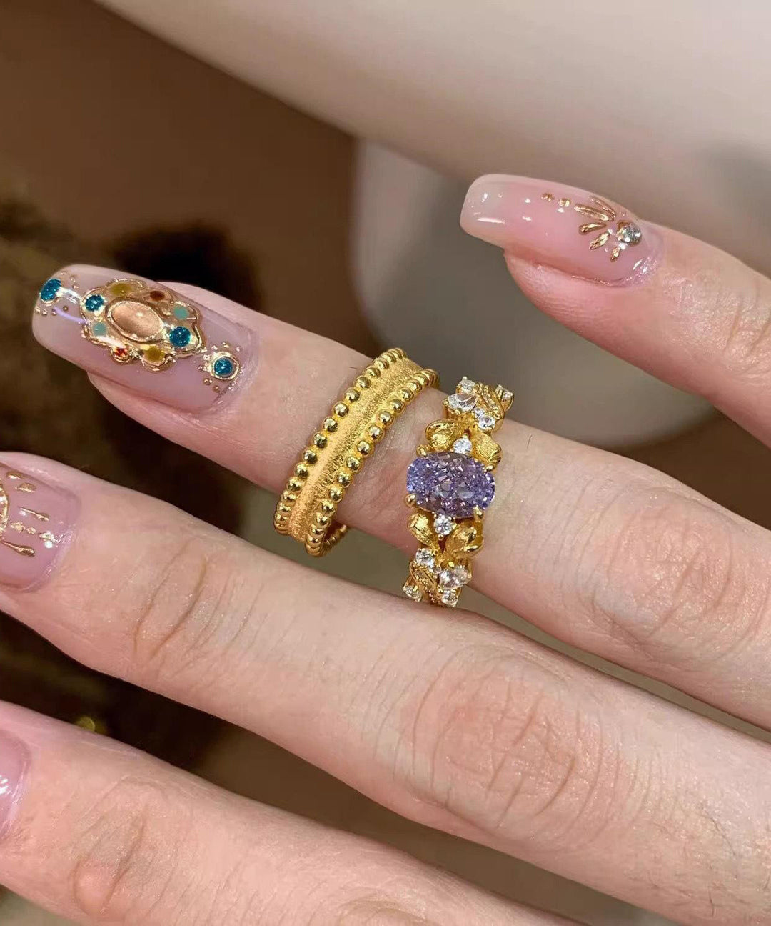 Retro Gold Sterling Silver Overgild Zircon Rings Two-Piece Set