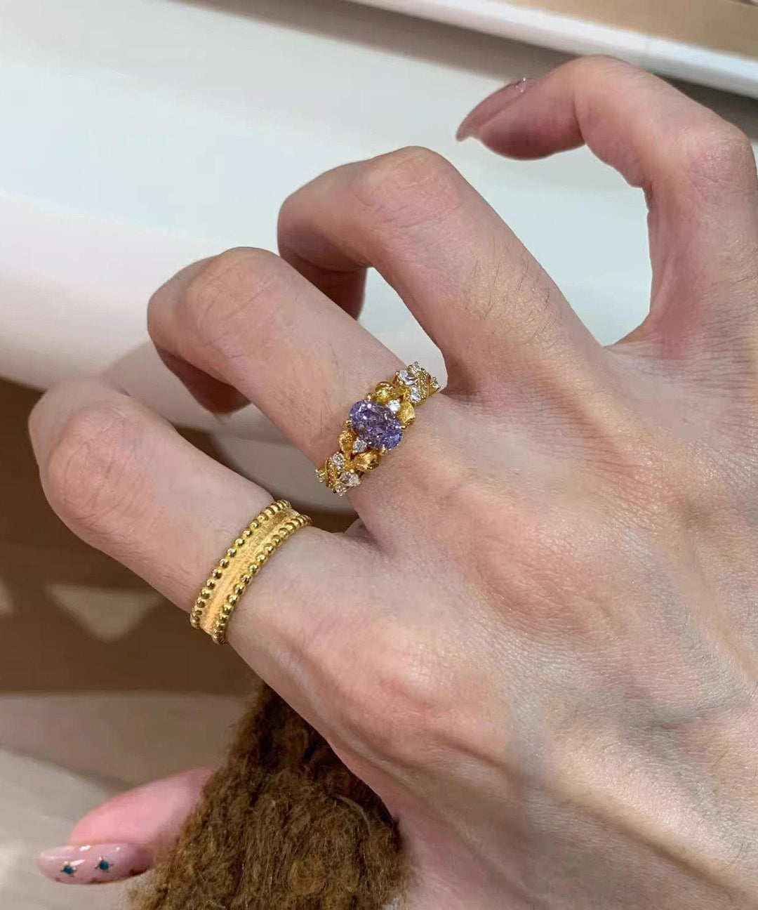 Retro Gold Sterling Silver Overgild Zircon Rings Two-Piece Set