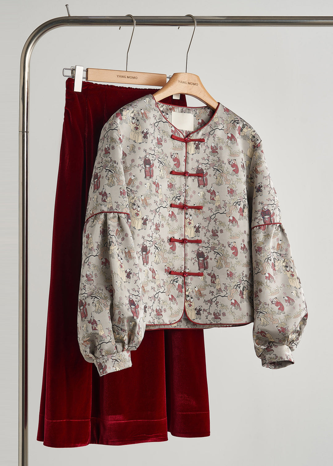 Retro Grey Oversized Print Cotton Oriental Jacket Fall