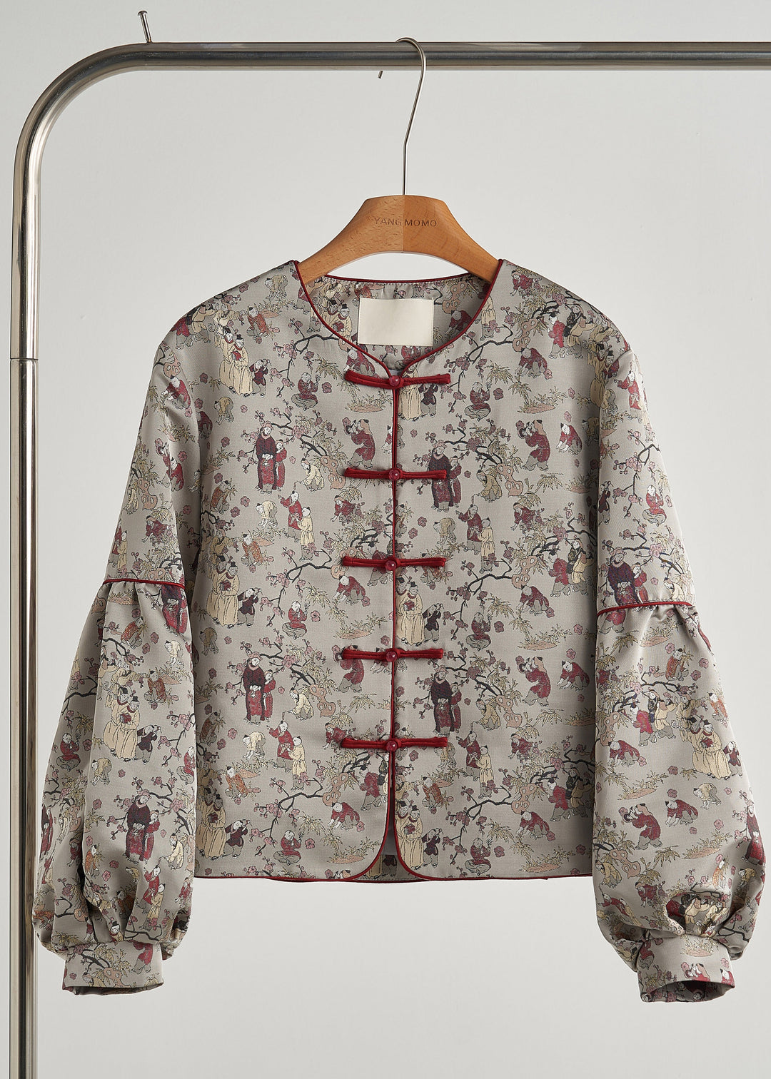 Retro Grey Oversized Print Cotton Oriental Jacket Fall