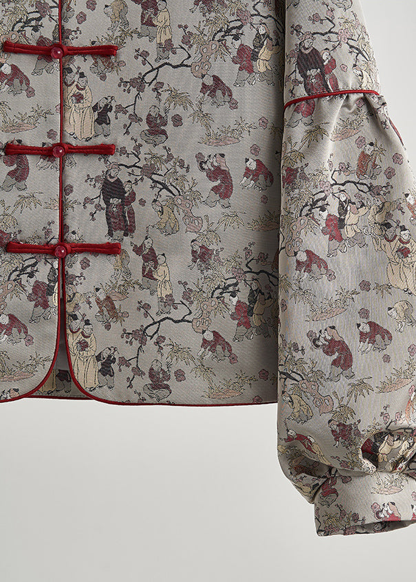 Retro Grey Oversized Print Cotton Oriental Jacket Fall