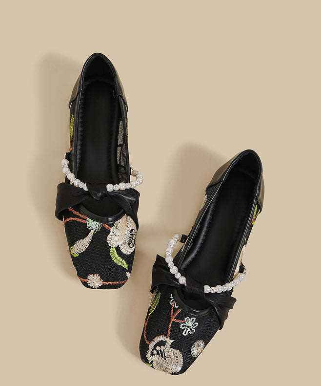 Retro Pink Embroidered Splicing Flat Shoes For Women