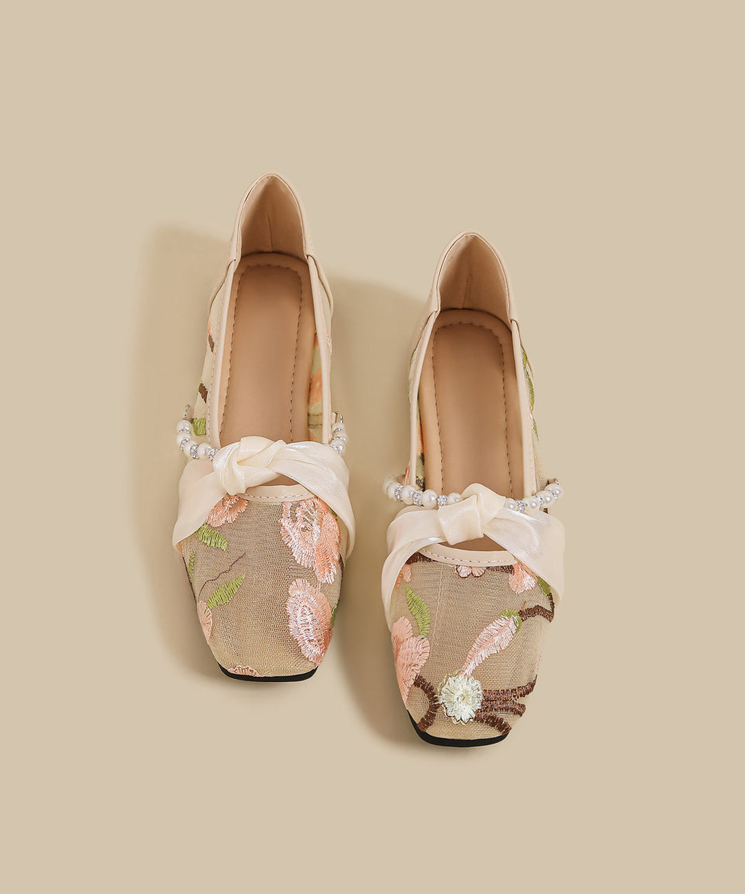 Retro Pink Embroidered Splicing Flat Shoes For Women