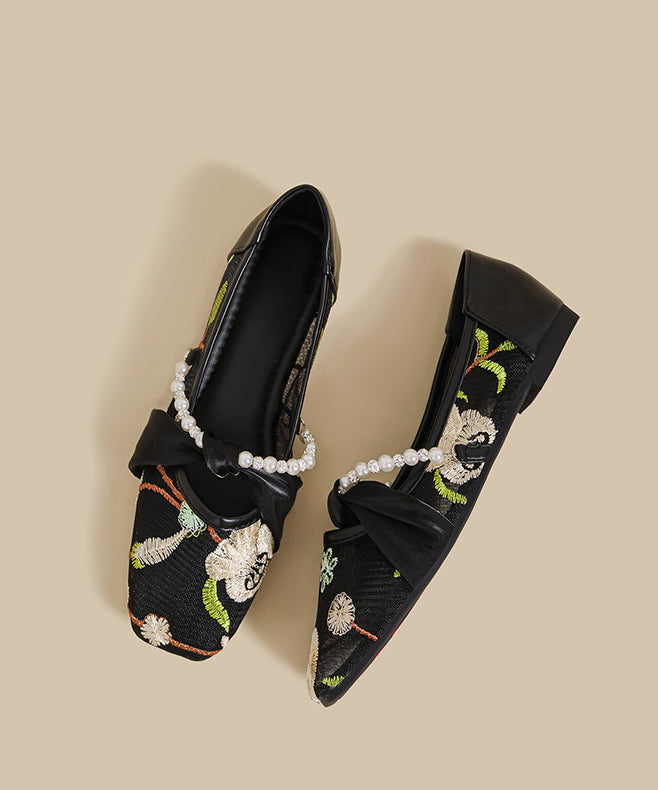 Retro Pink Embroidered Splicing Flat Shoes For Women