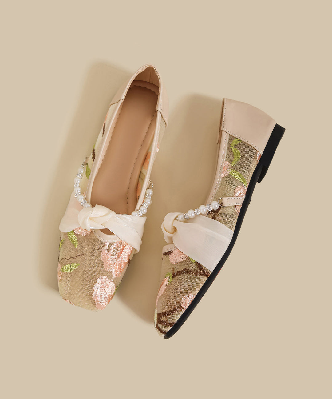 Retro Pink Embroidered Splicing Flat Shoes For Women