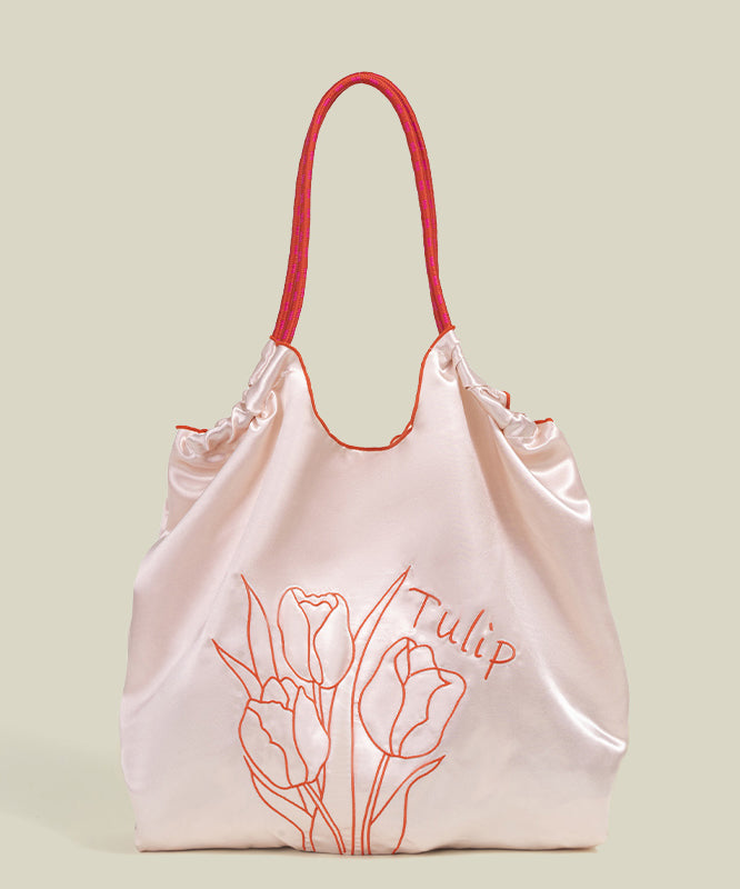 Retro Pink Flower Embroidered Drawstring Satin Shoulder Bags