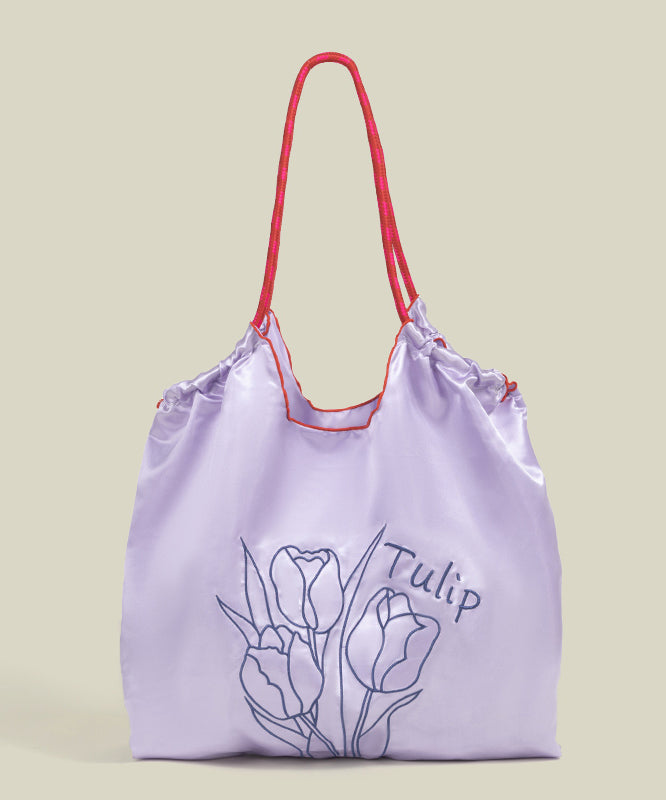 Retro Pink Flower Embroidered Drawstring Satin Shoulder Bags