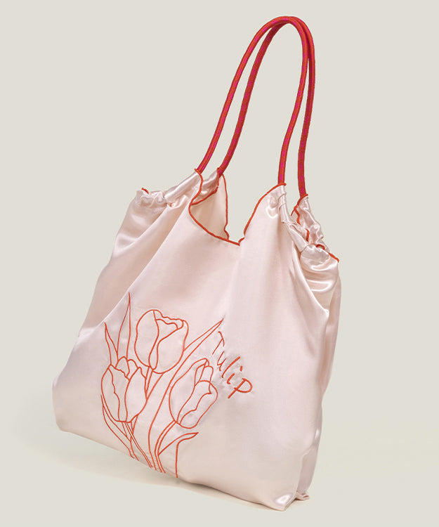 Retro Pink Flower Embroidered Drawstring Satin Shoulder Bags