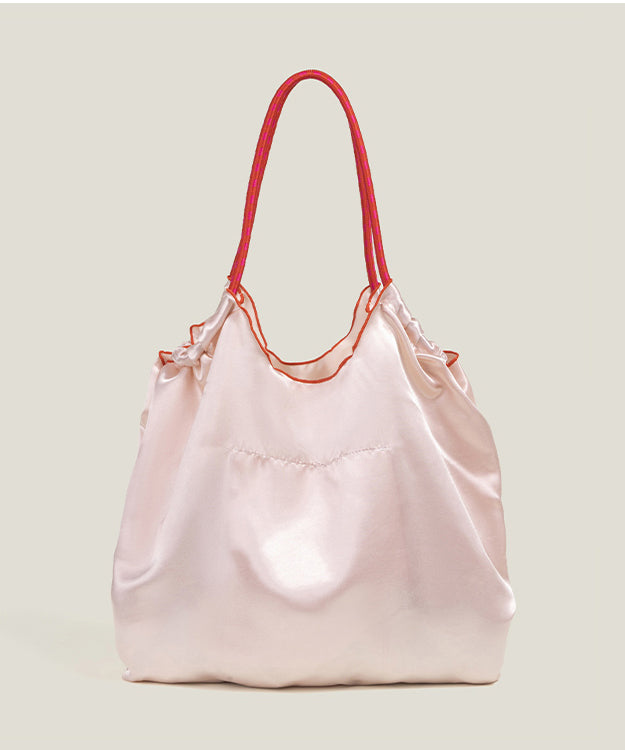 Retro Pink Flower Embroidered Drawstring Satin Shoulder Bags